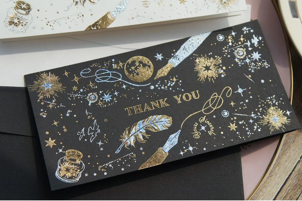 12set black white Gold Theme feather star thank you Card Wedding Birthday Valentine Party Invitation with Envelope Gift Message