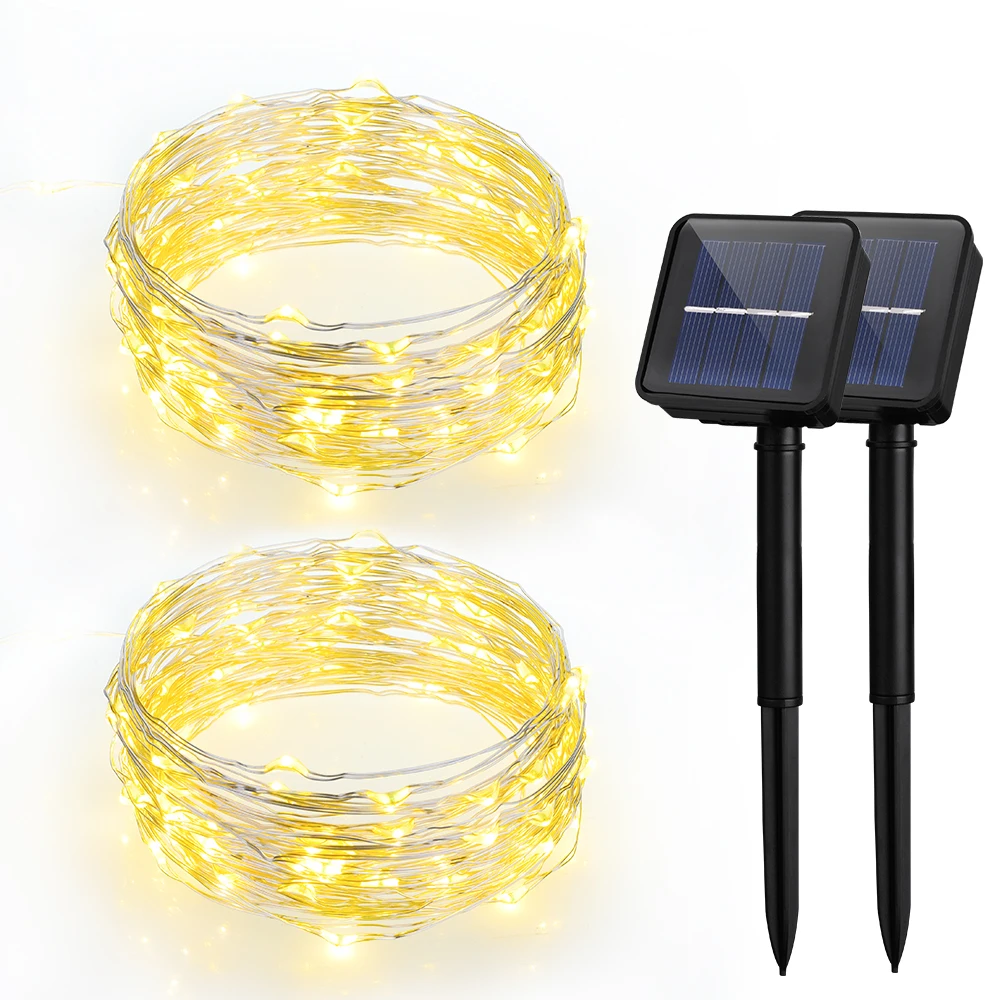 2 Pack 100 LED Solar String Light Fairy Outdoor 8 Modes 33ft Auto On and Off Warm White Waterproof Guirlande Lumineuse Exterieur