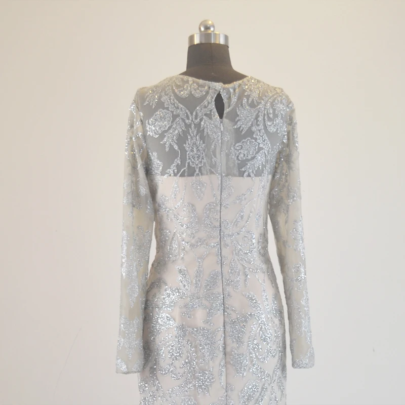

High Neck Long Sleeves Robe De Soiree Mermaid Silver Grey Prom Dresses