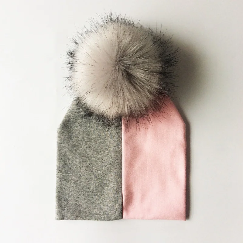 pinkgrey Детская шапка из хлопка в стиле пэчворк, шапка с помпоном для девочек и мальчиков, зимняя шапка для мамы и ребенка, модная детская шапка, Детские аксессуары - Цвет: pinkgrey