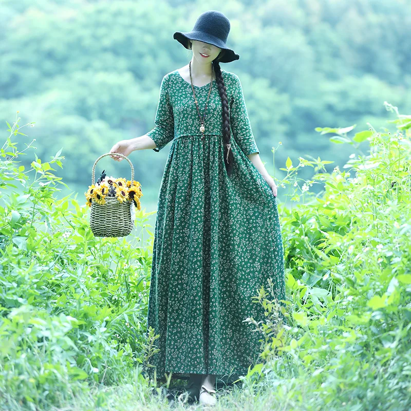 

Vintage Ethnic Women Floral Print Loose V Neck Cotton Linen Dress Mori Girl Beach Holiday Boho Robe A-line Dress Vestidos