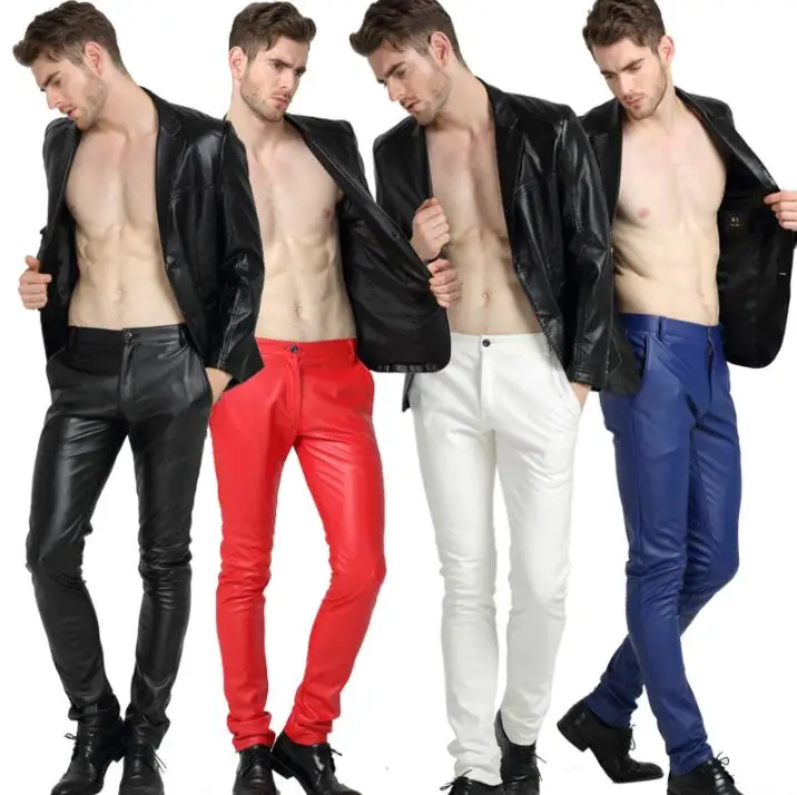 Autumn winter personality fashion motorcycle faux leather pants mens feet pants pu trousers for men pantalon homme red white