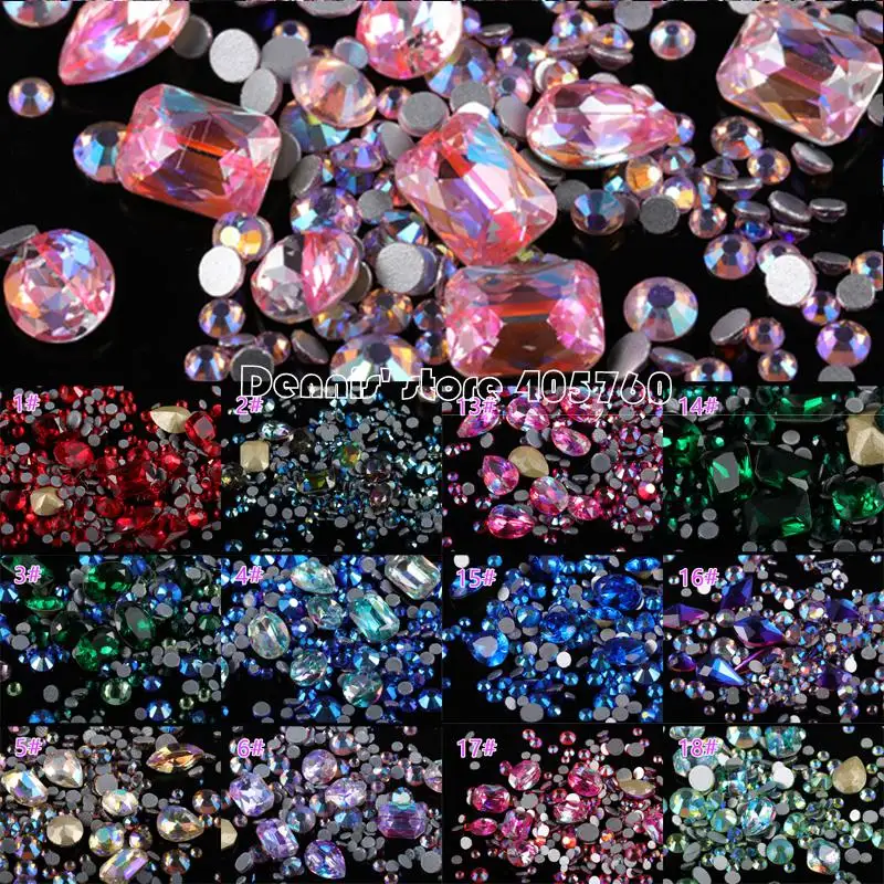 

1Pack Mix Sizes Mix Shape Glitter Coloful 3D Diamond Facet Flat & V-Bottom Rhinestones Acrylic Nail Art Crystal Gems Decoration