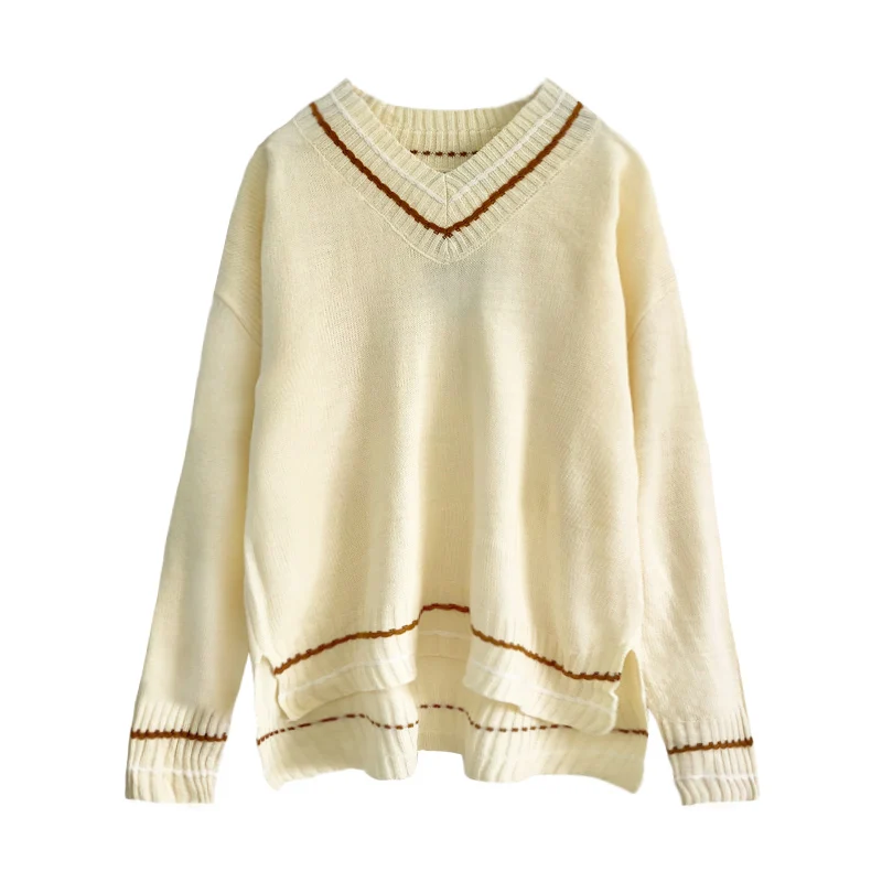High Quality Autumn Winter Warm Sweater Women New Stripes Loose V Collar Pullover Female Vintage Long Sleeve Girl Tops | Женская одежда