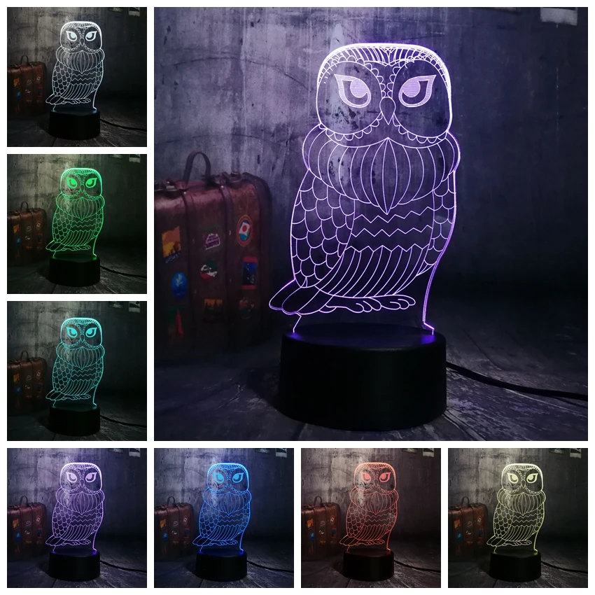 Блеск с милой совой 3D светодиодный ночник 7 цветов RGB Change настольная лампа USB Touch Remote праздничного декора дома Рождественский подарок игрушка мальчика