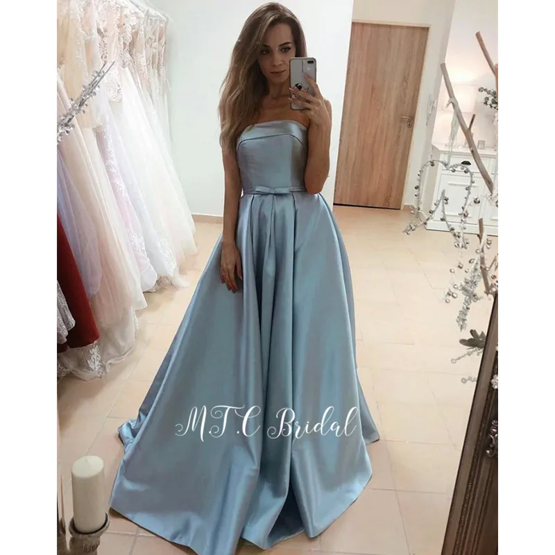 

Mint Blue Satin Long Evening Dress 2019 New Strapless A Line Floor Length High Quality Arabic Prom Gowns Vestido De Festa Cheap
