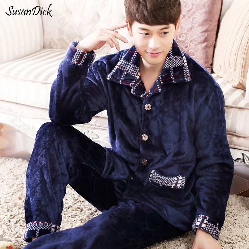 SusanDick 2017 Autumn &amp Winter Thick Flannel Pajamas Mens Coral Cashmere Cardigan Pants Suit Sleepwear Casual Man Home Clothes | Мужская