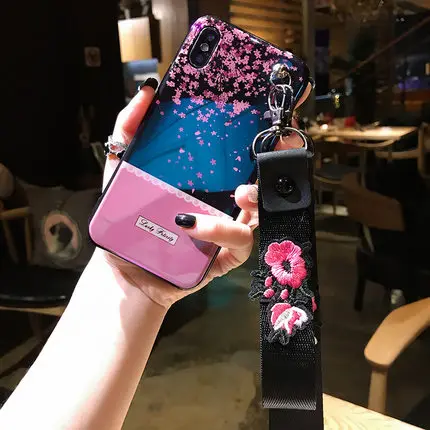 Розовый В стиле ретро с цветами для iphone X case для iphone 8/7 plus 6 6 S plus Мягкий Задняя накладка чехла из ТПУ с украшением в виде вишенок, с ремешком - Цвет: Розовый