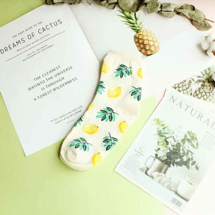 lemon Happy Fruit носки для женщин из чёсаного хлопка высокого качества Socken Новое поступление милые носки с изображением фламинго лисы и животных - Цвет: lemon