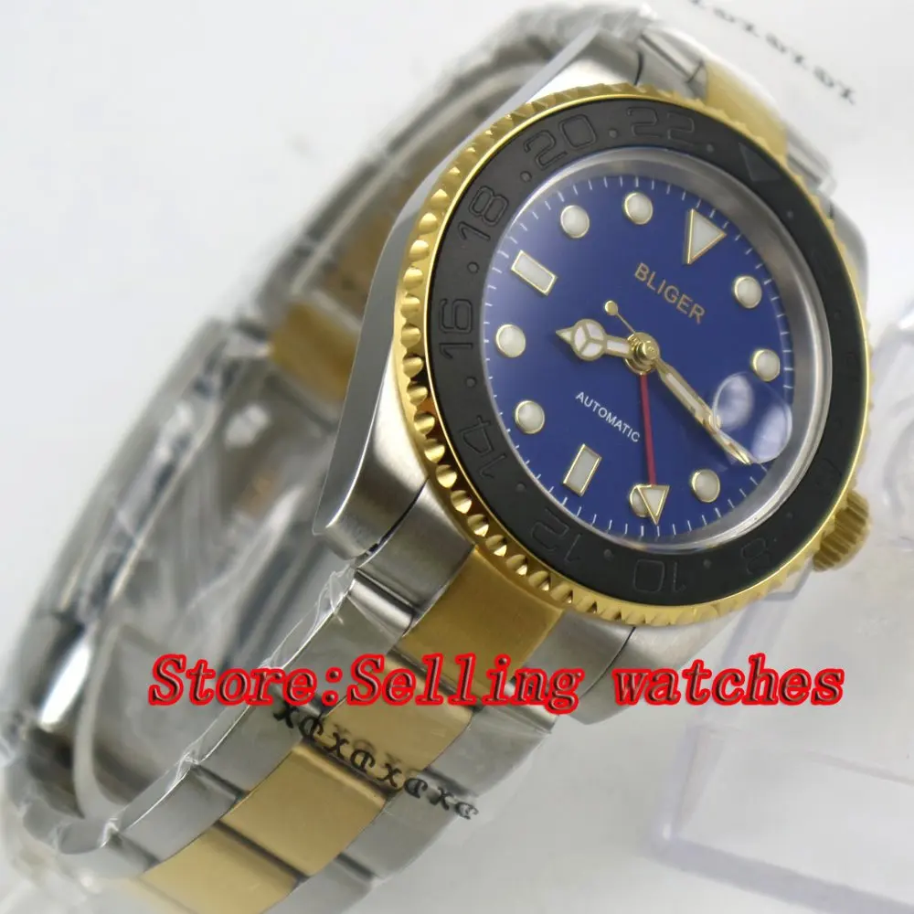 

Bliger 40mm blue dial GMT black Ceramics Bezel Gold side shells steel-Gold strap Automatic Men's Watch