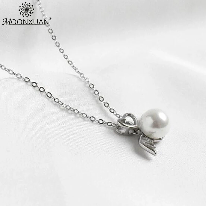 MOONXUAN 925 серебро Fine Jewelry kolye сердце любовь крылья Ангела Ожерелья с жемчужинами и