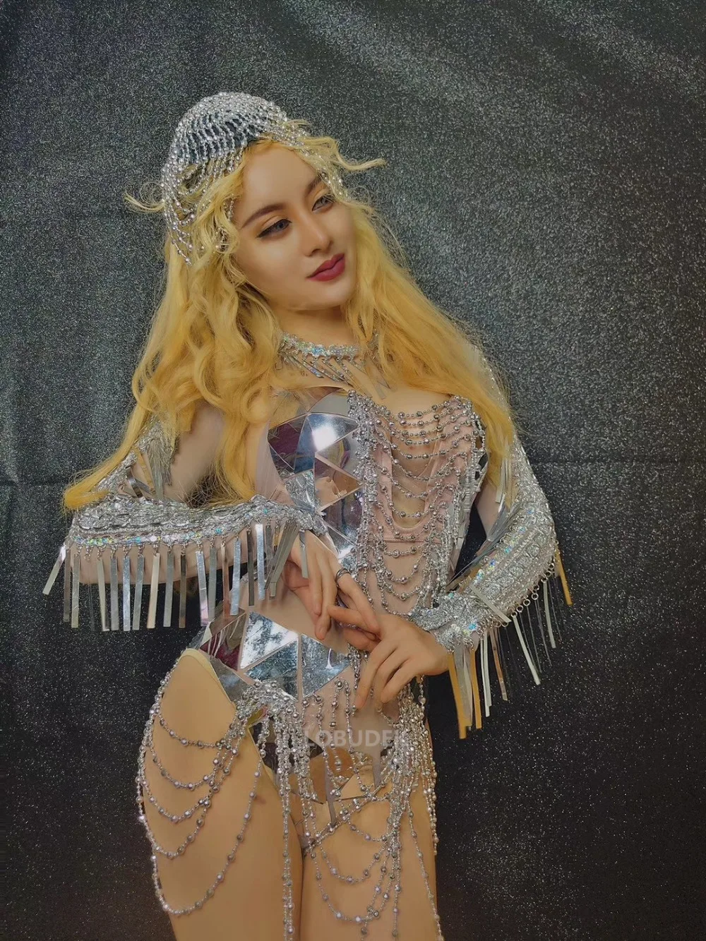 Adult Women Nightclub DJ DS Costume Silver Sequins Beads Headdress Backless Bodysuit Bar Pole Dance Catwalk Performance Jumpsuit