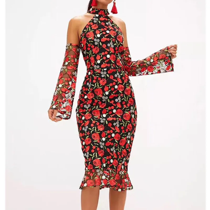 Цветочный Для женщин платья Многоцветный элегантный с длинным рукавом Высокая