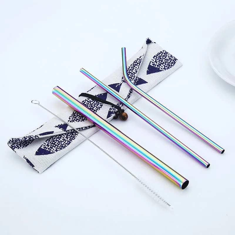 Colorful 4pcs/Set Reusable 304 Stainless Steel Straw Barware Metal Drinking Straight Straws with Brush Bag Travel Outdoor Bar Accessories - Цвет: Colorful