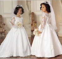 2020 white lace applique long sleeve flower girls dresses with train communion dresses for kids