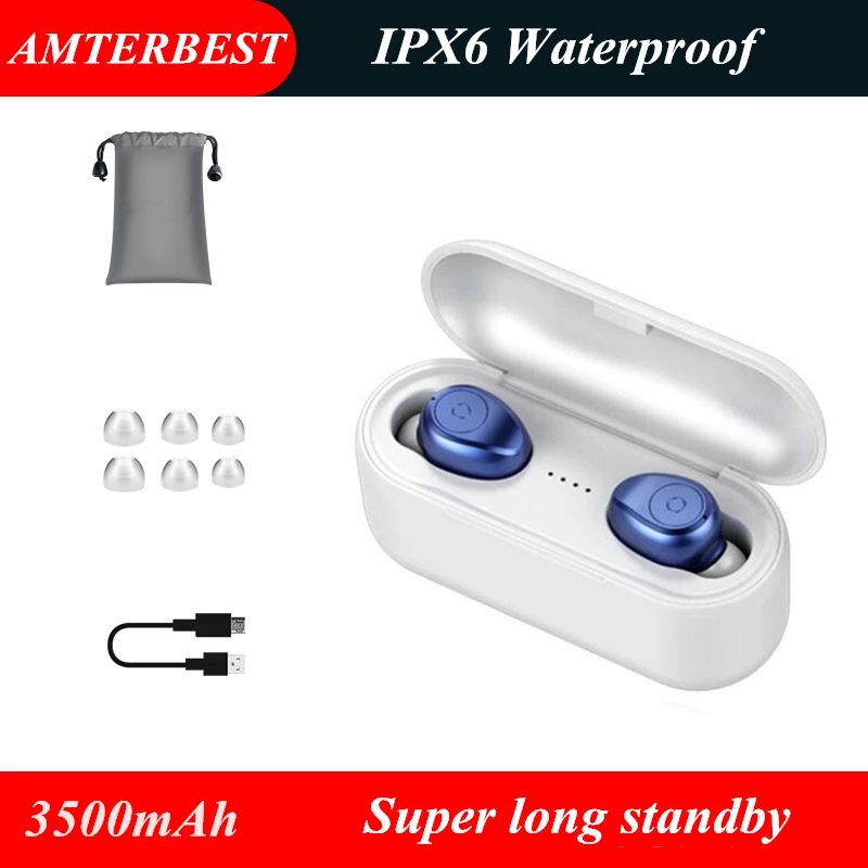 AMTERBEST F9 мини 5D стерео звук беспроводные Bluetooth наушники IPX6 водонепроницаемые спортивные наушники с 3500mA блок зарядного устройства