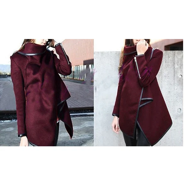 Полушерстяные женские пальто куртки Асимметричная водолазка тонкий длинный