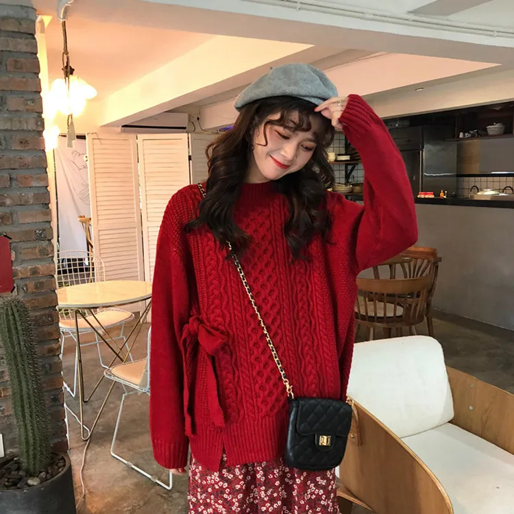 2019 Streetwear Europe women O-neck sweaters pull jumpers casual Spilt Lace up warm female oversized sweater pullover | Женская одежда