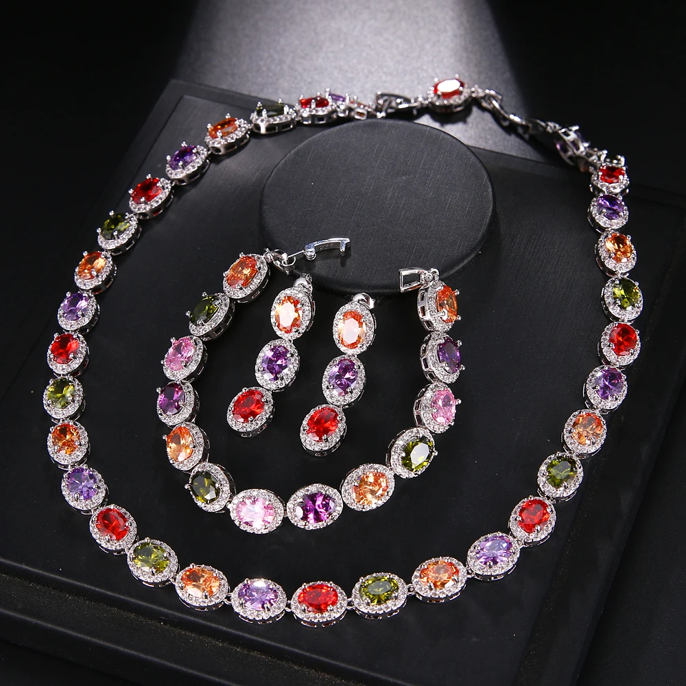 Серьги и браслеты из стерлингового серебра 925 пробы, многоцветные овальные серьги, ожерелье 42 см, серьги 3 см, 18 см, EHBK-045