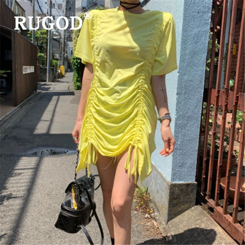 RUGOD модное прямое летнее платье на завязках женское элегантное однотонное желтое