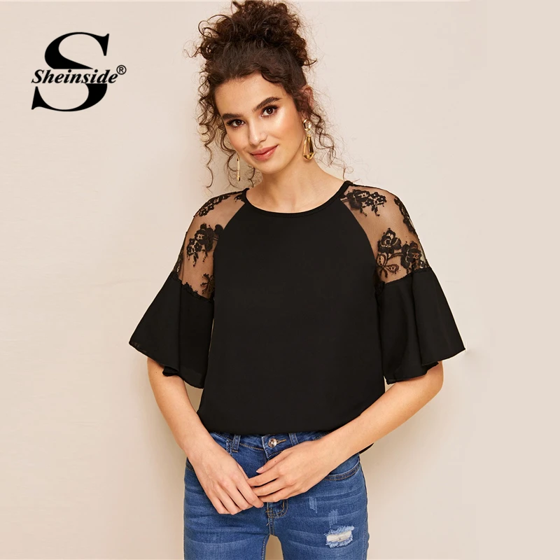 Sheinside Black Contrast Lace Trim Patchwork Blouse Women Summer Flounce Sleeve Blouses Ladies Solid Half Sleeve Top