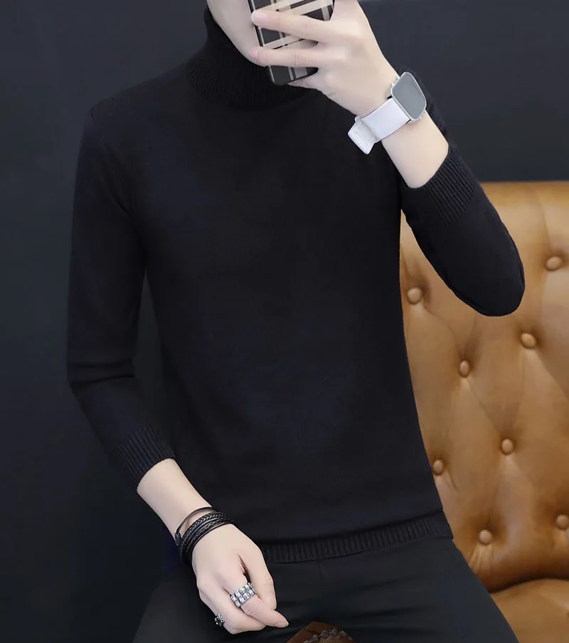 no velvet black Новинка, зимний мужской свитер, Мужская водолазка, Одноцветный Повседневный свитер, мужской тонкий вязаный плюс бархатный Толстый Пуловер - Цвет: no velvet black
