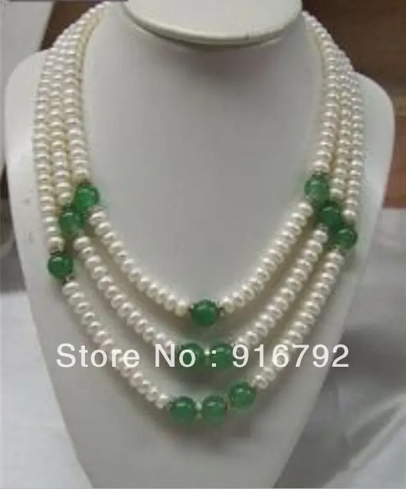 

free shipping >>>>> Charming !3 Row 7-8mm white pearl green stone necklace