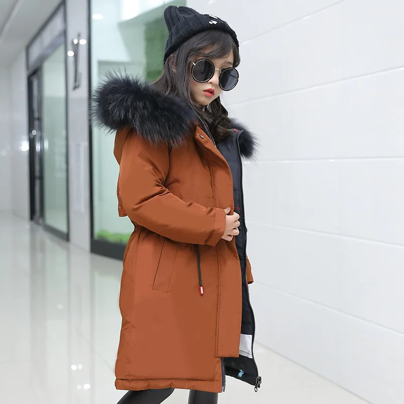 Caramel color Новинка года, детская одежда, парка теплый длинный зимний тонкий пуховик с капюшоном и натуральным мехом Одежда для маленьких девочек верхняя одежда, пальто для подростков возрастом от 10 до 14 лет - Цвет: Caramel color