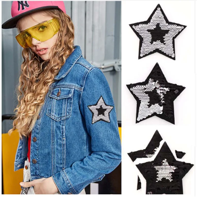 

NEW Shiny Five-pointed Stars Reversible Change Color Sequins Fur Love Heart Sew On Patches For Clothes DIY Patch Applique Crafts