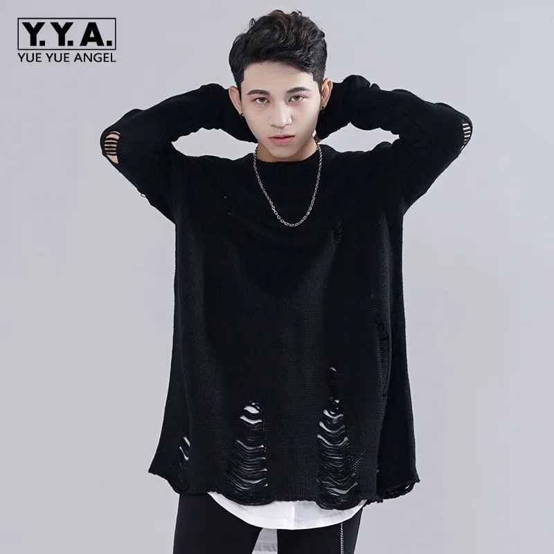 Мешковатый пуловер для мужчин Модный повседневный черный с дырками влюбленных |