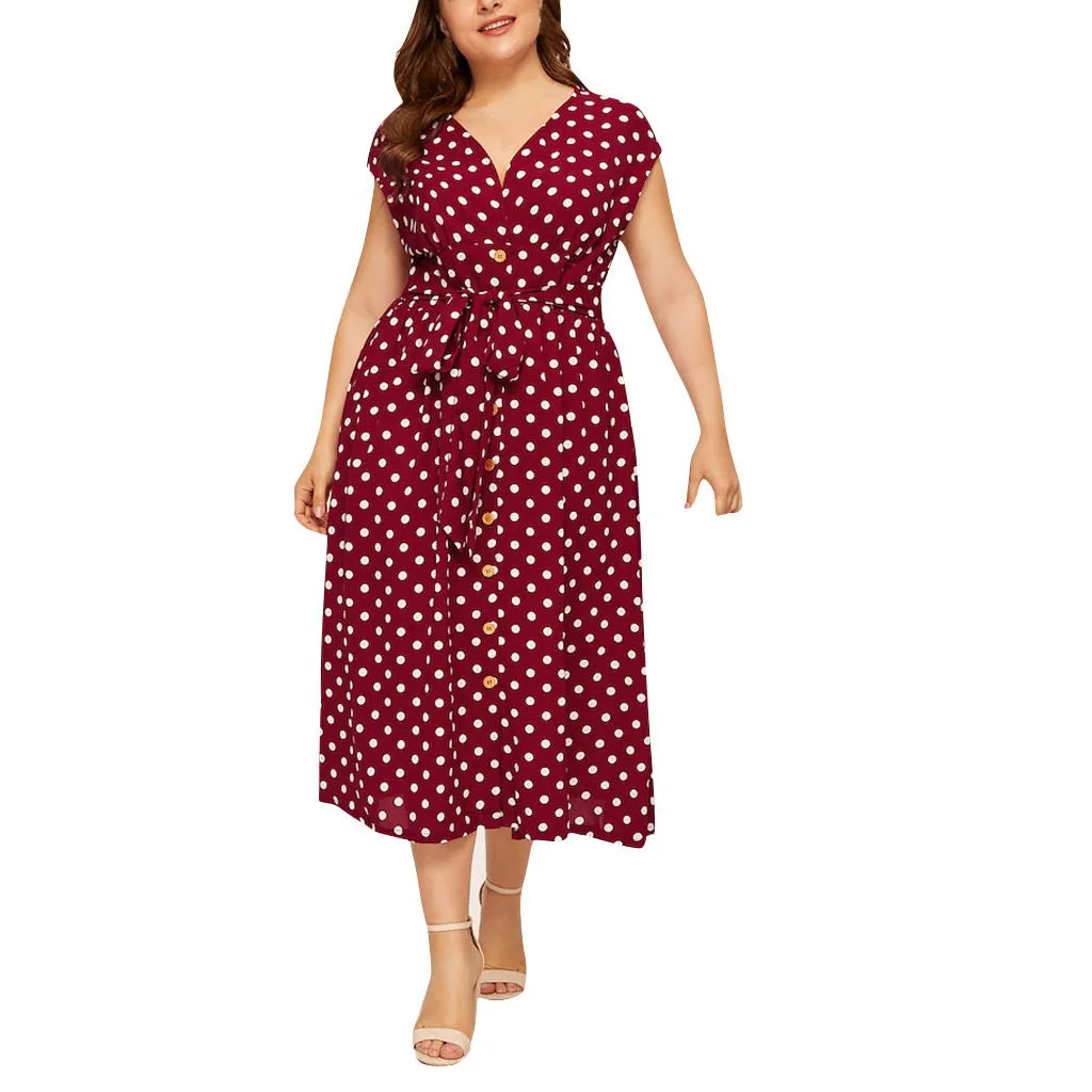RD MISSOMO 5XL, женское платье, повседневное, размера плюс, длинное, макси, платье в горошек, с принтом, на пуговицах, с поясом, летнее платье, женская одежда 621 - Цвет: RD