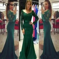 long sleeve mermaid green evening dresses matched sash sweep train elegant illusion lace formal prom party gowns robe de soiree
