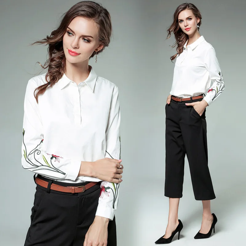 

women European heavy embroidery lapel long sleeve shirt small round straight cotton shirt white blouse top clothes lady S-XL