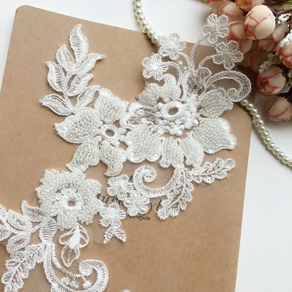 Aplique de encaje con cuentas de perlas pequeñas en 3D, accesorio para vestido de novia, tocado de novia artesanal, cuello de encaje blanco marfil, 4 piezas