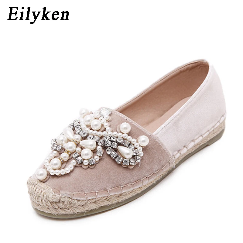 Eilyken; сезон весна-осень; женские лоферы с круглым носком; Эспадрильи с жемчугом; удобная подошва из пеньки; женская обувь на плоской подошве; слипоны; Mujer; Цвет Черный