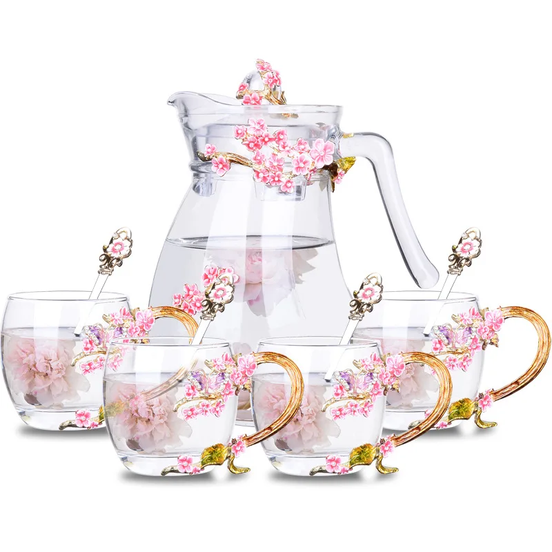 set with gift box Цветной эмалированный стеклянный чайник кофейные чашки бытовой цветочный чайник кружки для сока термостойкая посуда для напитков подарки другу - Цвет: set with gift box