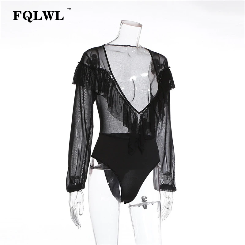 Женское прозрачное боди FQLWL черное облегающее с длинным рукавом и глубоким