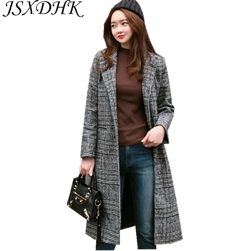 

JSXDHK Autumn Winter Women Woollen Outerwear 2021 Runway Black Plaid Tweed Blends Wool Turn Down Collar Casual Long Wool Coat
