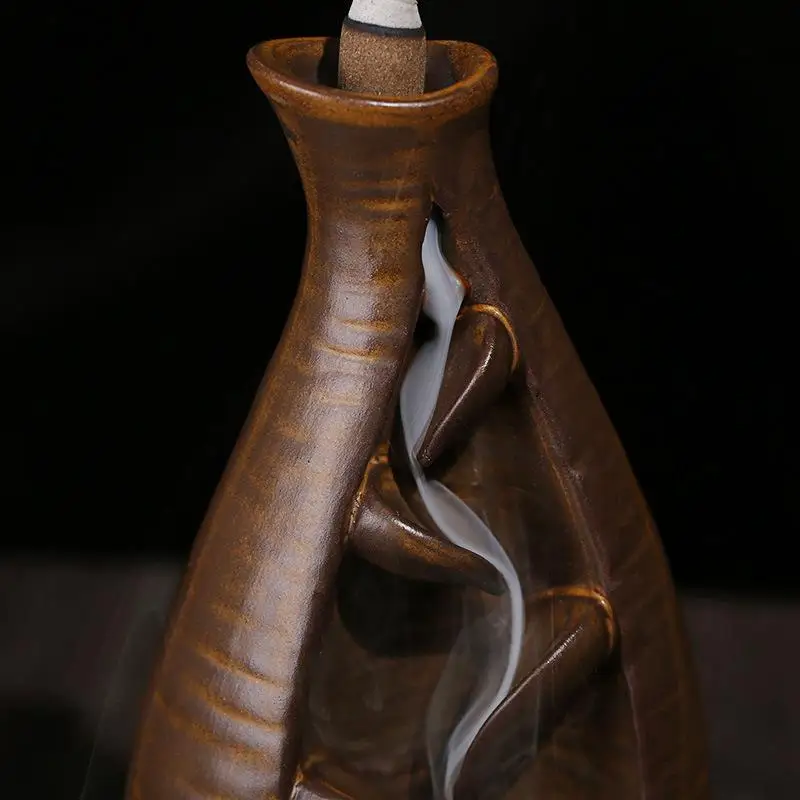 

Chinese Ceramic Purple Clay Aroma Smoke Backflow Vase Waterfall Incense Burner +10pcs Cones Stick Holder Censer Home Decor