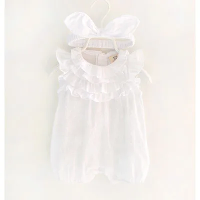 white romper Летние комбинезоны для маленьких девочек, кружевной хлопковый комбинезон, Цветочная детская одежда, комбинезон принцессы для малышей, Одежда для новорожденных, повязка на голову - Цвет: white romper