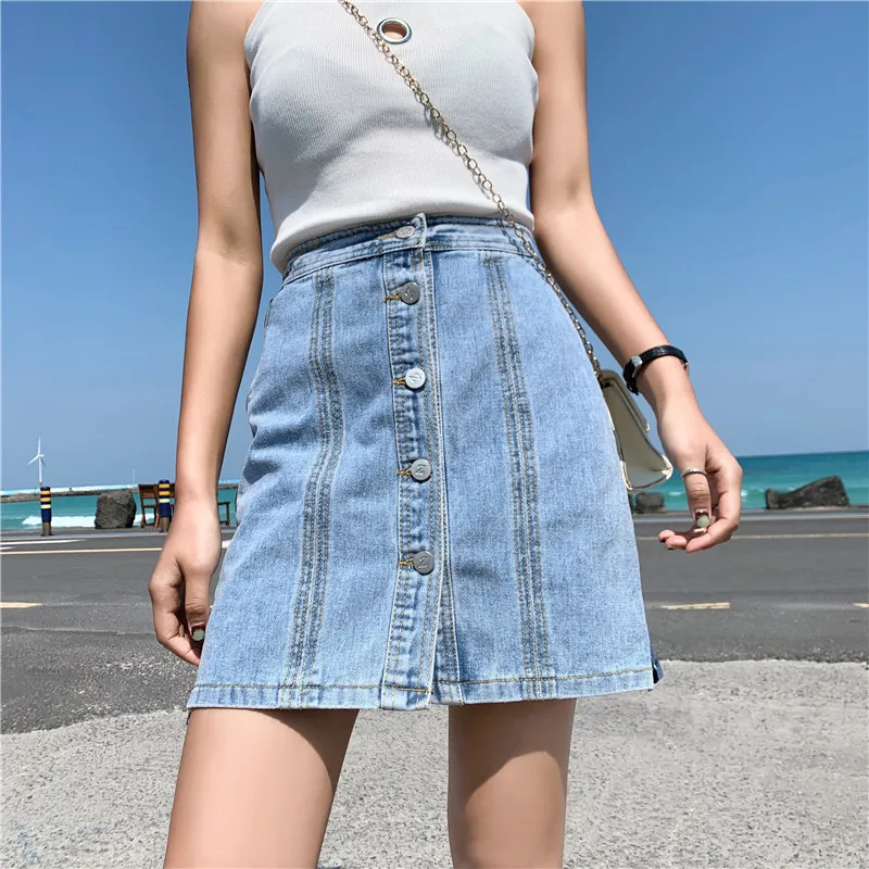 S XL 2019 лето в Корейском стиле однобортный высокая талия джинсовые юбки Молния