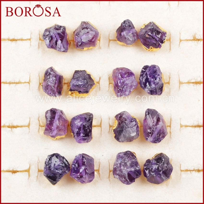 BOROSA 1 пара новые золотые серьги с необработанными аметистами фиолетовым