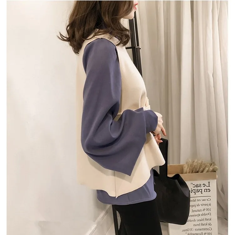 Plus Size New Women Tow Piece Sets Korean Style Sleeveless Vest And Lantern Sleeve Shirt Suits Sashes Casual Loose Outfits | Женская