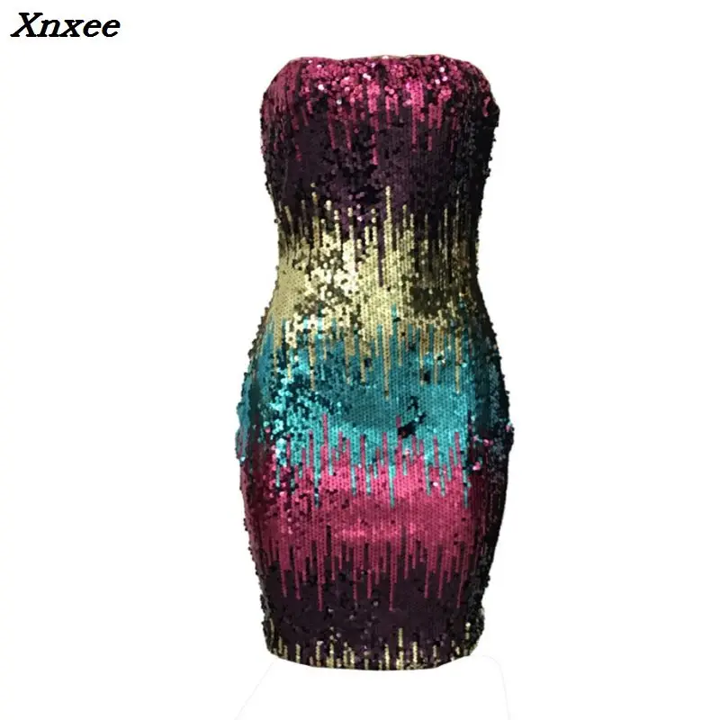 

Sexy Gradual Sequins Mini Dress Women Strapless Sleeveless Female Skinny Hip Dress Summer Nightclub Stage Mini Dress Vestidos