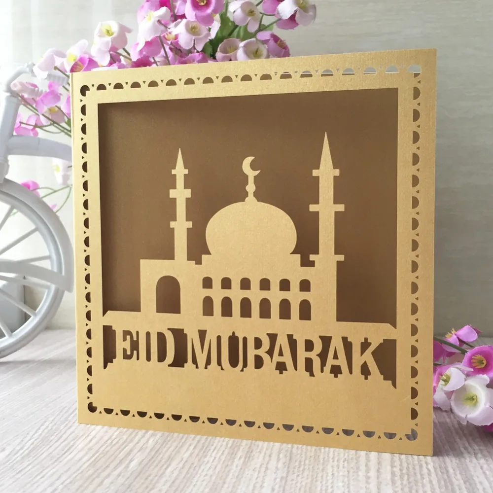 

100pcs/lot Laser Cut Glossy paper Ramadan Decoration Eid Mubarak Invitation Blessing gift card