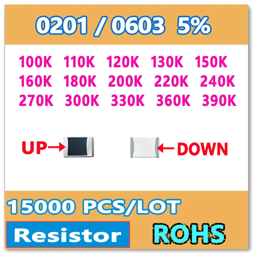Оригинальный 0201 J 5% 15000 шт. 100K 110K 120K 130K 150K 160K 180K 200K 220K 240K 270K 300K 330K 360K 390K 0603 K smd резистор