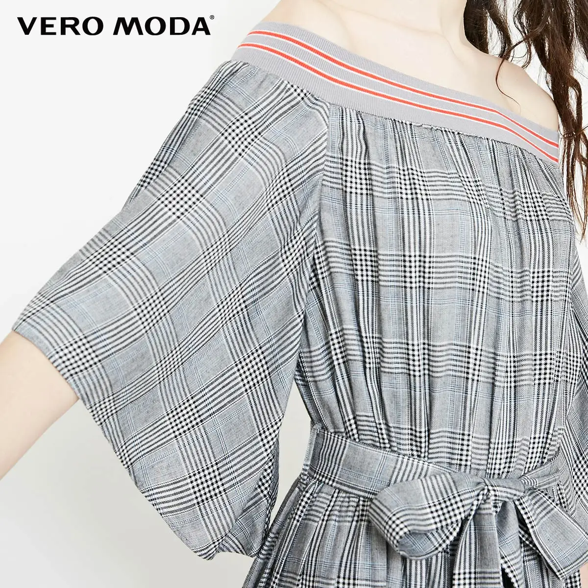 Vero Moda Новое Женское винтажное клетчатое платье в рубчик с расклешенными рукавами на шнуровке | 31836Z503