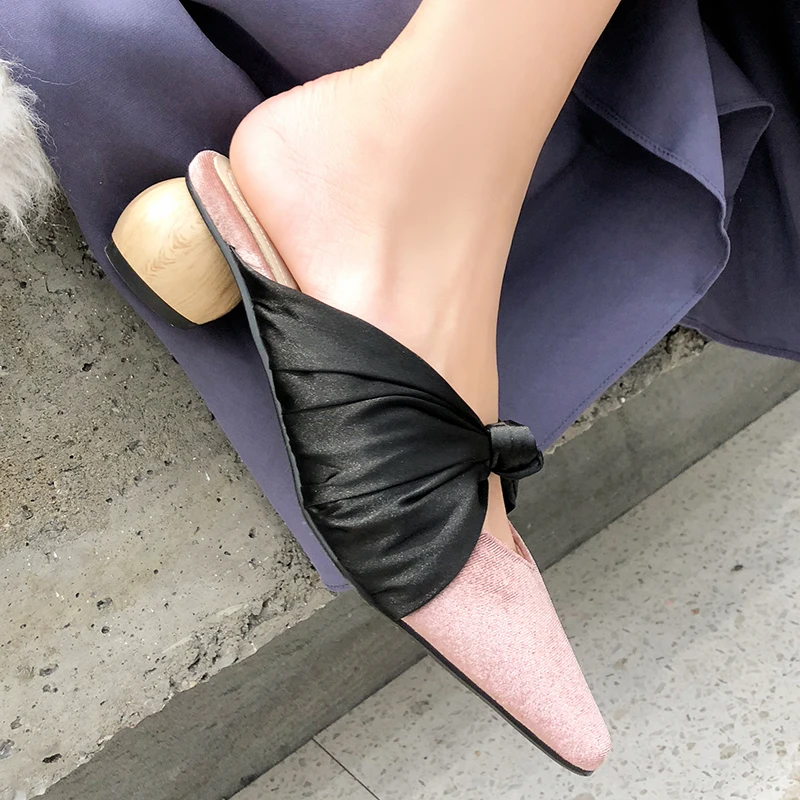 

WETKISS Unusual Heel Slippers Women Butterfly Knot Pointed Toe Footwear Cow Leather Slides Shoes Female Mules Shoes Woman Summer