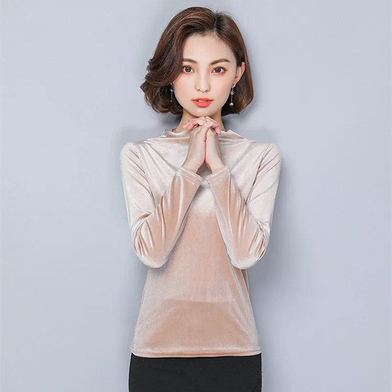 Новая Осенняя Женская бархатная блузка с длинным рукавом и высоким воротником