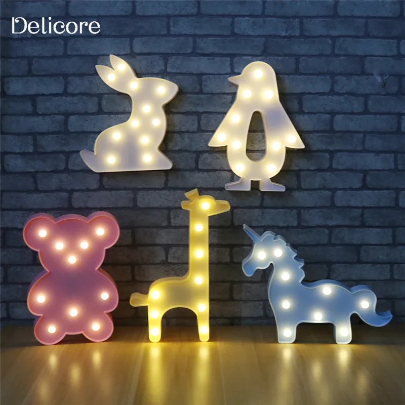 Delicore 3D животных ночные огни Единорог медведь шатер светодио дный Батарея Ночная